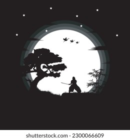 illustration vector graphic of Ninja, Assassin, Samurai training at night on a full moon. Perfect for wallpaper, poster, etc.