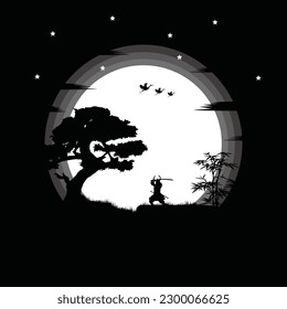 illustration vector graphic of Ninja, Assassin, Samurai training at night on a full moon. Perfect for wallpaper, poster, etc.