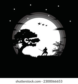 illustration vector graphic of Ninja, Assassin, Samurai training at night on a full moon. Perfect for wallpaper, poster, etc.