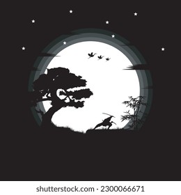 illustration vector graphic of Ninja, Assassin, Samurai training at night on a full moon. Perfect for wallpaper, poster, etc.