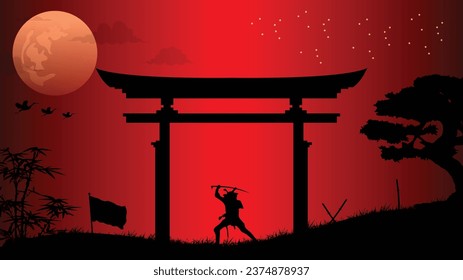 illustration vector graphic of Ninja, Assassin, Samurai training at night on a full moon. Perfect for wallpaper, poster, etc.