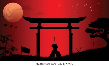 illustration vector graphic of Ninja, Assassin, Samurai training at night on a full moon. Perfect for wallpaper, poster, etc.