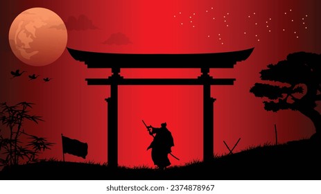 illustration vector graphic of Ninja, Assassin, Samurai training at night on a full moon. Perfect for wallpaper, poster, etc.