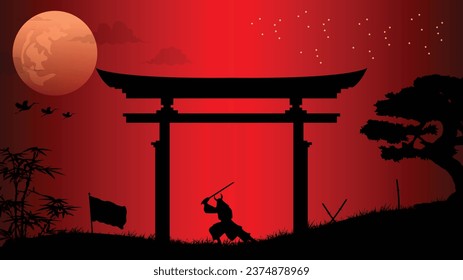 illustration vector graphic of Ninja, Assassin, Samurai training at night on a full moon. Perfect for wallpaper, poster, etc.