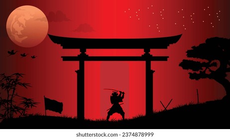 illustration vector graphic of Ninja, Assassin, Samurai training at night on a full moon. Perfect for wallpaper, poster, etc.