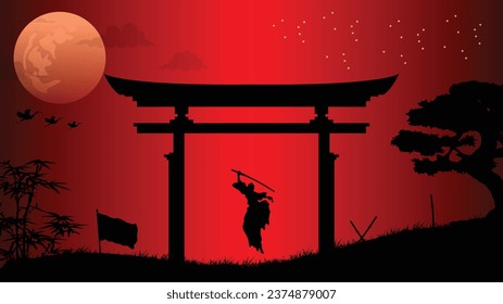 illustration vector graphic of Ninja, Assassin, Samurai training at night on a full moon. Perfect for wallpaper, poster, etc.