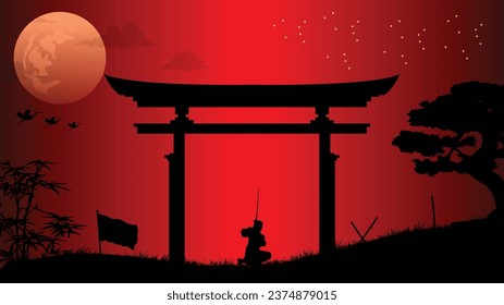 illustration vector graphic of Ninja, Assassin, Samurai training at night on a full moon. Perfect for wallpaper, poster, etc.