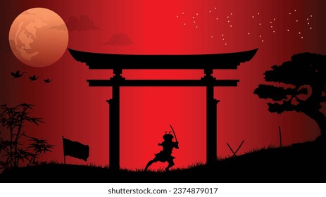 illustration vector graphic of Ninja, Assassin, Samurai training at night on a full moon. Perfect for wallpaper, poster, etc.