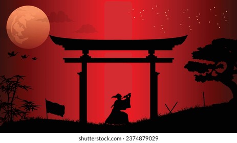 illustration vector graphic of Ninja, Assassin, Samurai training at night on a full moon. Perfect for wallpaper, poster, etc.