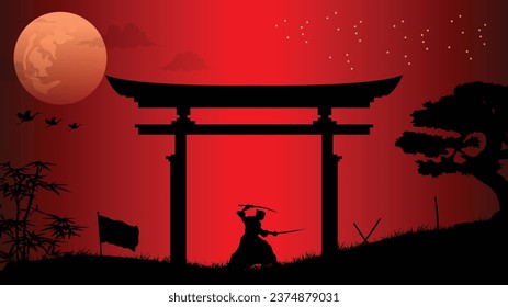 illustration vector graphic of Ninja, Assassin, Samurai training at night on a full moon. Perfect for wallpaper, poster, etc.