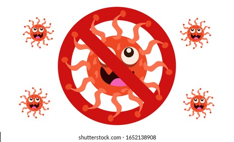 Illustration vector graphic of no bacteria sign with cute cartoon germ in flat style design on white background. Ban microbe and virus microorganism. Stop virus warning sign. vector EPS10.

