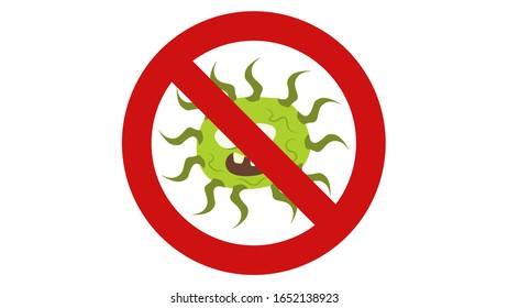 Illustration vector graphic of no bacteria sign with cute cartoon germ in flat style design on white background. Ban microbe and virus microorganism. Stop virus warning sign. vector EPS10.
