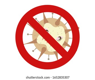 Ilustración vectorial gráfico de no bacteria signo con gérmenes tiernos caricaturizados en diseño plano sobre fondo blanco. Prohibir el microorganismo y el microorganismo del virus. Detener el signo de advertencia de virus. EPS vectorial10.
 