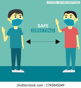 Illustration Vector Graphic Of Non-contact Greeting In COVID-19 Outbreak. 
Alternative Safe Greetings To Avoid Physical Contact And Practice Social Distancing, Corona Virus Prevention.