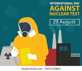 illustration vector graphic of a nuclear scientist holds a notepad, showing a nuclear reactor, perfect for international day, against nuclear test, celebrate, greeting card, etc.