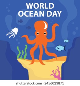 illustration vector graphic of octopus swimming in the sea, perfect for international day, world ocean day, celebrate, greeting card, etc.