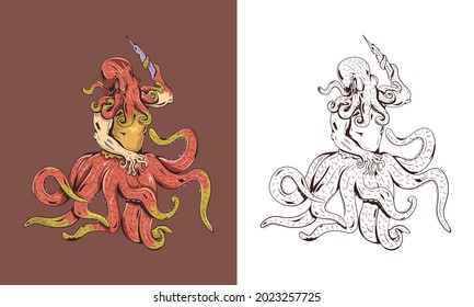 Illustration vector graphic of Octopusman. Animal Mutant character. Hand drawn sketch. Vector engraved illustration for logo, label, tattoo or T-shirts, and coloring book