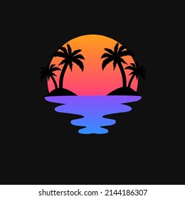 Illustration vector graphic of, template logo silhouette Palm tree with sunset in the island