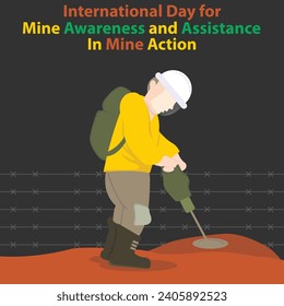 illustration vector graphic of an officer is searching the ground for mines with a mine detector, perfect for international day, mine awareness, assistance, mine action, celebrate, greeting card, etc.