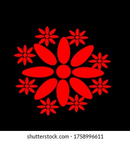 illustration vector graphic of one large red flower surrounded by eight small red flowers concept design with black background