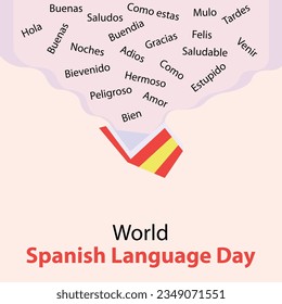 illustration vector graphic of open book spit out spanish words, perfect for international day, world spanish language day, celebrate, greeting card, etc.