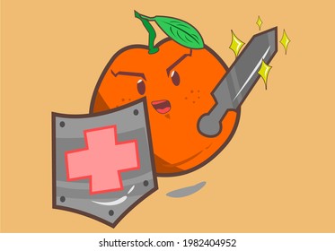 Ilustración vectorial gráfica de una naranja usando un escudo con cruz roja y usando una brillante espada buena para el logo del producto vitamínico.