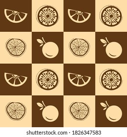 Illustration vector graphic of oranges and orange wedges in pattern. Fit to place on packaging design, food court wallpaper, culinary event backdrop, etc.