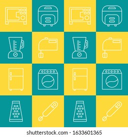 Illustration vector graphic of oven, rice cooker, blender and wash machine in pattern. Fit to place on packaging design, kitchenware wallpaper, event backdrop