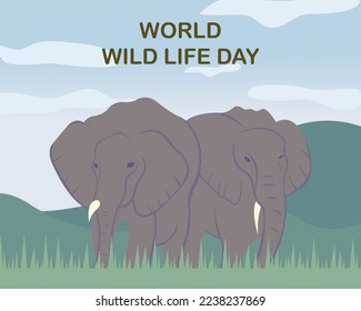 illustration vector graphic of a pair of elephants walking in the meadow, showing the mountains in the background, perfect for international day, world wild  life day, celebrate, greeting card, etc.