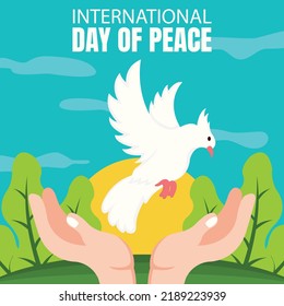 illustration vector graphic of a pair of hands release a white dove into the wild, showing trees in the garden and sunrise, perfect for international day of peace, celebrate, greeting card, etc.