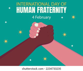 ilustración vectorial gráfico de un par de manos de diferentes colores de piel que se toman de la mano, perfecto para el día internacional, fraternidad humana, celebración, tarjeta de saludo, etc.