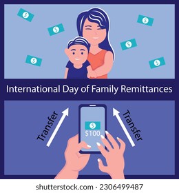 illustration vector graphic of a pair of hands using a smartphone to transfer money to his family, perfect for international day, international day of family remittances, celebrate, greeting card.