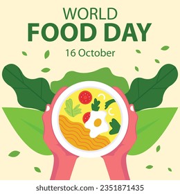 illustration vector graphic of a pair of hands holding a plate of fried noodles, eggs and vegetables, perfect for international day world food day, celebrate, greeting card, etc.