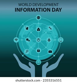 illustration vector graphic of a pair of hands holding up a globe containing an information network, perfect for international day, world development information day, celebrate, greeting card, etc.