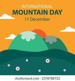 illustration vector graphic of a pair of mountains in the middle of the grassland, showing sunset, perfect for international day, international mountain day, celebrate, greeting card, etc.