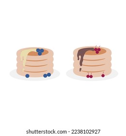 Illustration vector graphic of pancake with vanilla or chocolate syrup and some berry. Perfect for cake products, like dessert, fast food, etc.  
