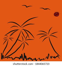 Illustration, Vektorgrafik-Panorama, Palm und Silhouette