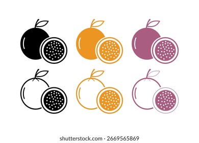 Ilustración Vector Gráfico de fruta de la pasión, icono de fruta. Color negro, blanco, naranja y púrpura.