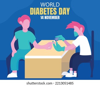 ilustración vectorial de un paciente está haciendo que su azúcar en sangre sea revisado por una enfermera, perfecto para un día internacional, día mundial de la diabetes, celebración, tarjeta de saludo, etc.