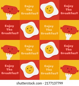 Illustration vector graphic of pattern cute sausage and yolk egg in kawaii style. Suitable for wallpaper, backdrop, wrapping paper and other culinary or children product.