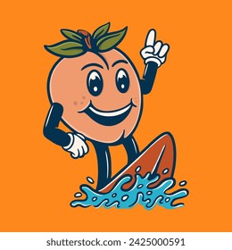 Illustration vector graphic of PEACH SURFER RETRO CARTOON CHARACTER for apparel design merchandise, such as logos on product packaging