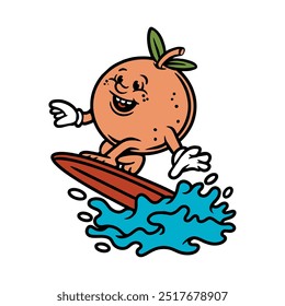 Illustration vector graphic of PEACH SURFING CARTOON CHARACTER VECTOR ILLUSTRATION for apparel design merchandise, such as logos on product packaging