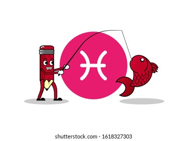 Illustration vector graphic of pencil characters with Pisces zodiac,fishing and getting big fish. Valentine edition. Suitable for t-shirt screen printing,horoscope web,etc