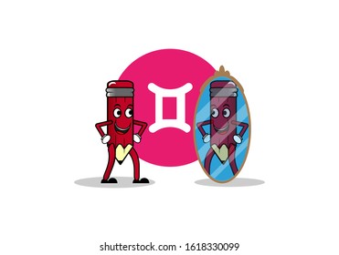Illustration vector graphic of pencil characters with Gemini Zodiak,look in the mirror.Valentine edition. Suitable for t-shirt screen printing,horoscope web,etc