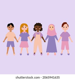 Illustration vector graphic of people chain with different culture holding hands together in soft purple theme