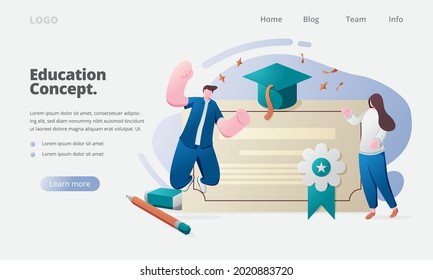 Illustration vector graphic of People characters solving educational test and receiving graduation certificate. Students successfully ending school, college or university. Education concept