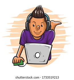 Ilustración vectorial gráfica de personas jugando laptop. perfecto para aprender de las campañas en casa, etc.