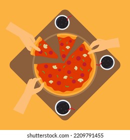 Ilustración vectorial de personas que comparten pizza con diseño simple y moderno.Ilustración de diseño plano.