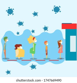 Illustration vector graphic of people with their mask and stand with physical distancing for protect them from corona virus.