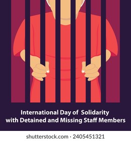 illustration vector graphic of a person holding iron bars from inside the prison, perfect for international day, solidarity with detained, missing staff, members, celebrate, greeting card, etc.